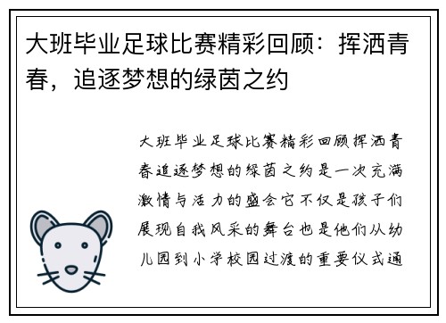 大班毕业足球比赛精彩回顾：挥洒青春，追逐梦想的绿茵之约