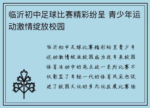临沂初中足球比赛精彩纷呈 青少年运动激情绽放校园