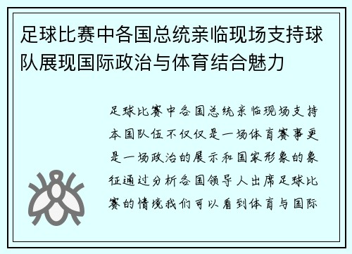 足球比赛中各国总统亲临现场支持球队展现国际政治与体育结合魅力
