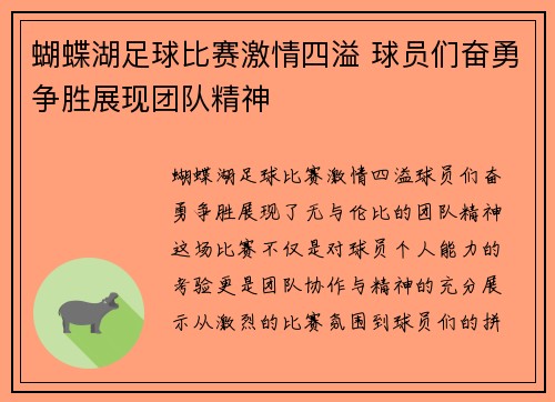 蝴蝶湖足球比赛激情四溢 球员们奋勇争胜展现团队精神