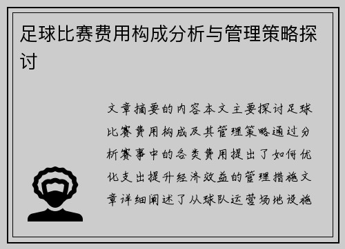 足球比赛费用构成分析与管理策略探讨