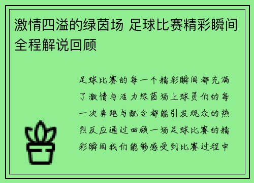 激情四溢的绿茵场 足球比赛精彩瞬间全程解说回顾
