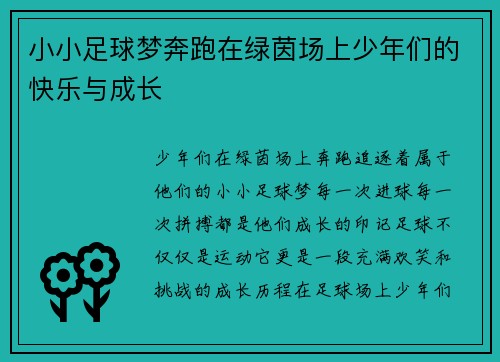 小小足球梦奔跑在绿茵场上少年们的快乐与成长