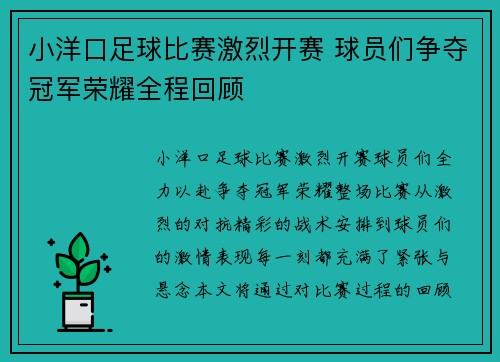 小洋口足球比赛激烈开赛 球员们争夺冠军荣耀全程回顾