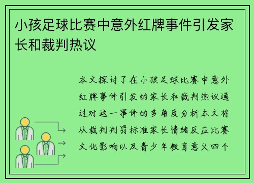 小孩足球比赛中意外红牌事件引发家长和裁判热议