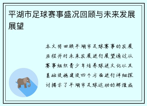 平湖市足球赛事盛况回顾与未来发展展望