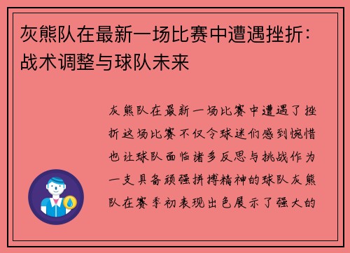 灰熊队在最新一场比赛中遭遇挫折：战术调整与球队未来