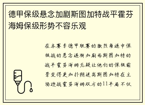 德甲保级悬念加剧斯图加特战平霍芬海姆保级形势不容乐观