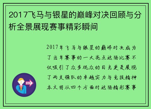 2017飞马与银星的巅峰对决回顾与分析全景展现赛事精彩瞬间