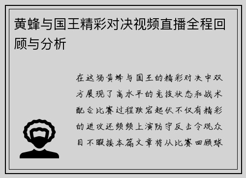 黄蜂与国王精彩对决视频直播全程回顾与分析