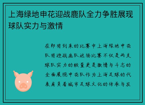 上海绿地申花迎战鹿队全力争胜展现球队实力与激情